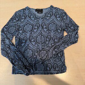 Vintage Etcetera Blue & Black Velvet Floral Pattern Long Sleeve Top Size Small